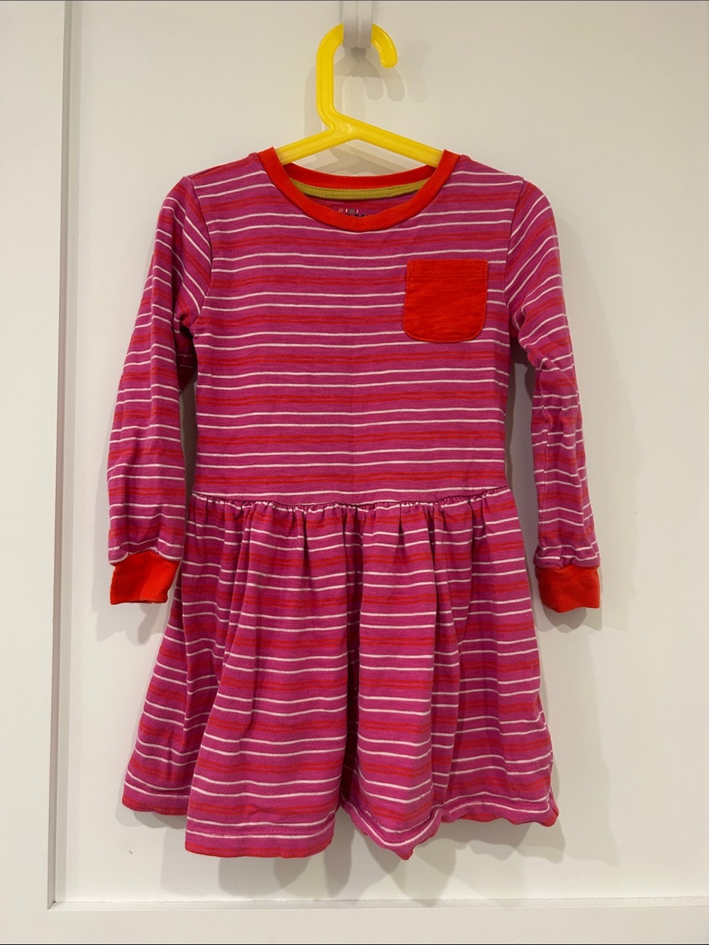 Mini Boden Pink and Red Striped Long-Sleeve Knit Dress